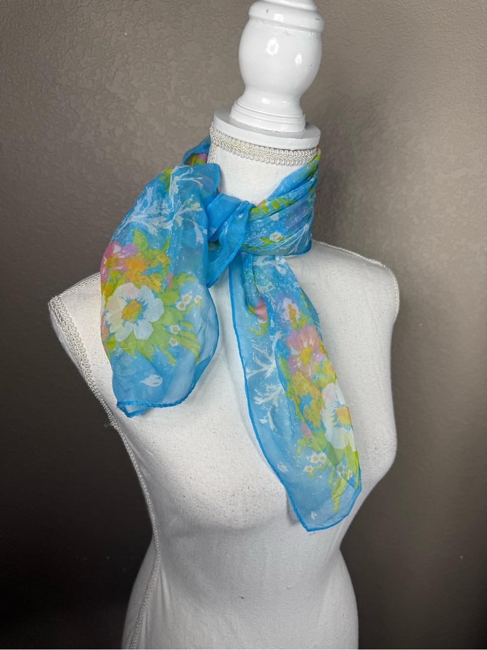 Light Blue Floral Silk Scarf - Women's Accessory